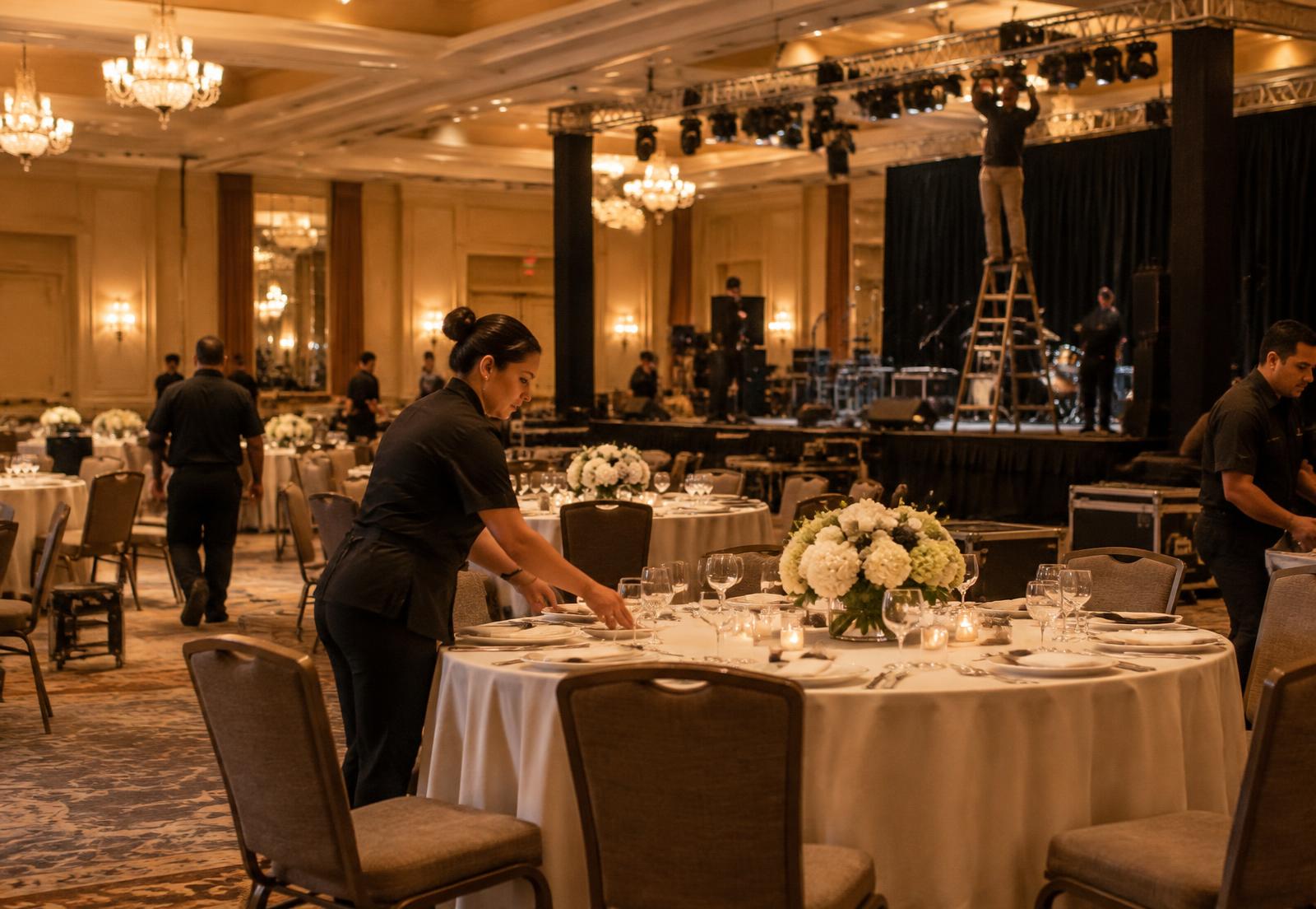 Hotel staff setting banquet tables while an AV crew rigs lighting