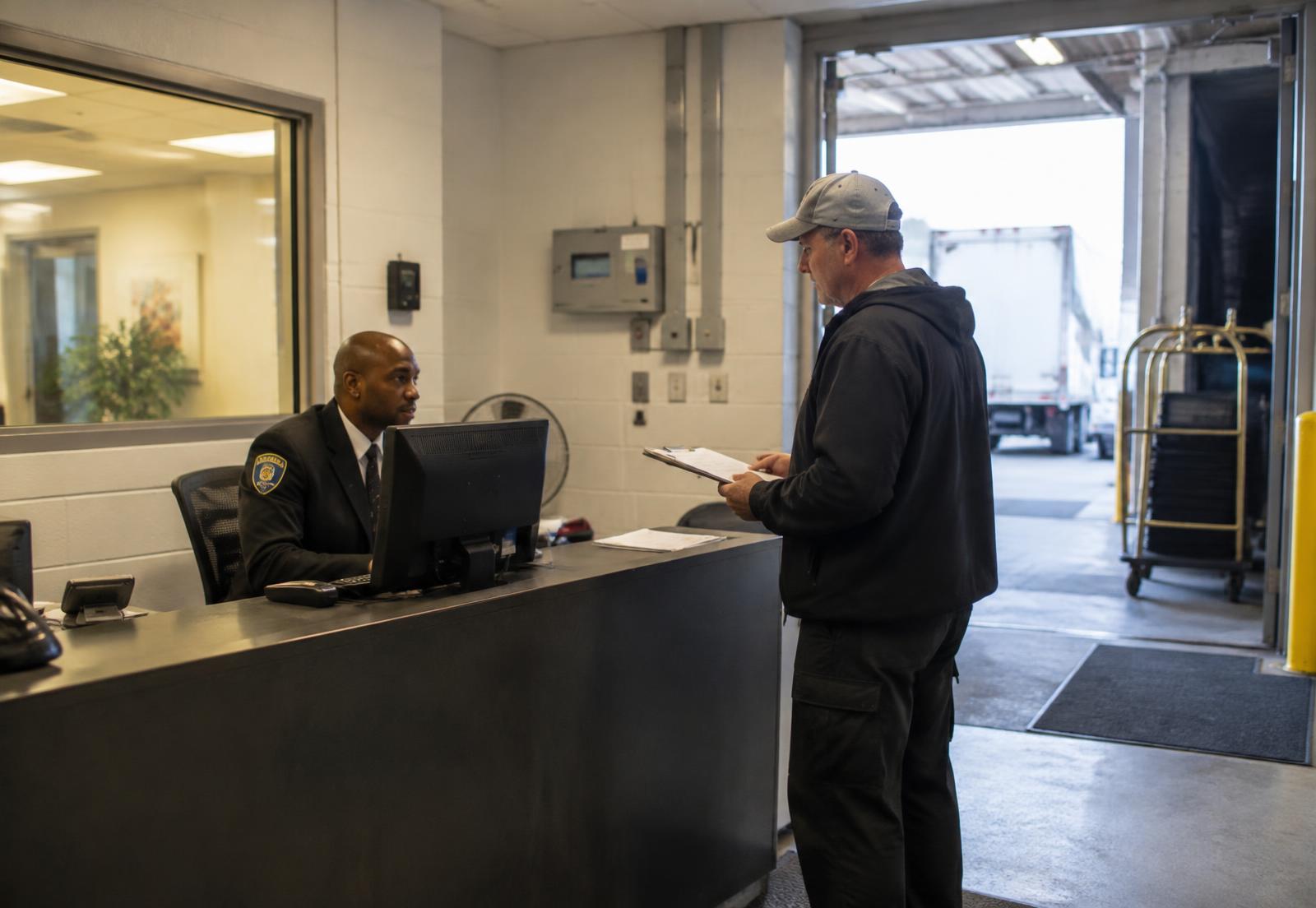 Security officer checking in a vendor at a back-of-house entrance
